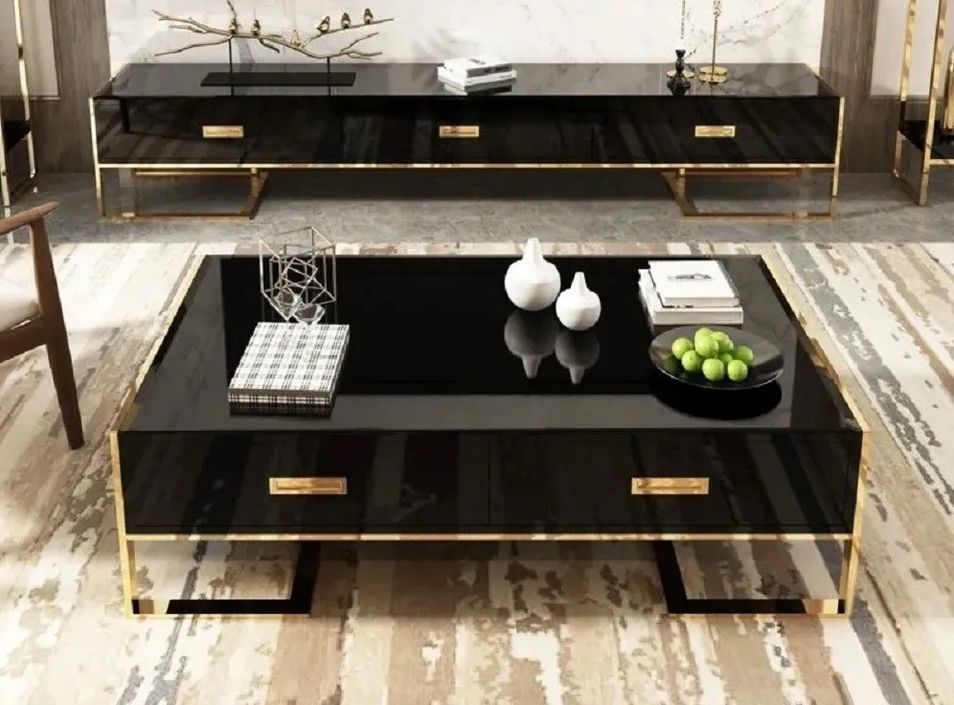 Table basse design laqué noir et pieds acier effet or miroir Raluxe 130 cm - Photo n°3