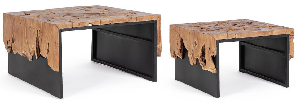 Table basse gigogne carrée en racines de teck et acier noir Greka 100 cm - Lot de 2 - Photo n°2