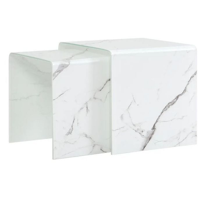 Table basse gigogne verre blanc effet marbre Oflo - Lot de 2 - Photo n°1