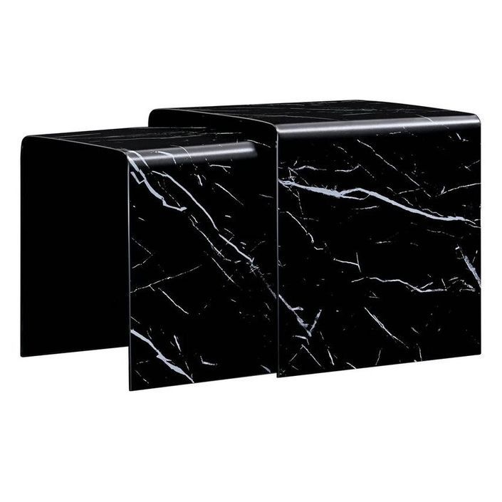 Table basse gigogne verre noir effet marbre Oflo - Lot de 2 - Photo n°1