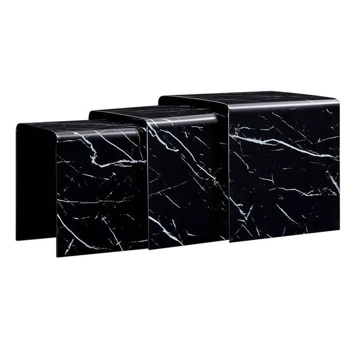 Table basse gigogne verre noir effet marbre Oflo - Lot de 3 - Photo n°1