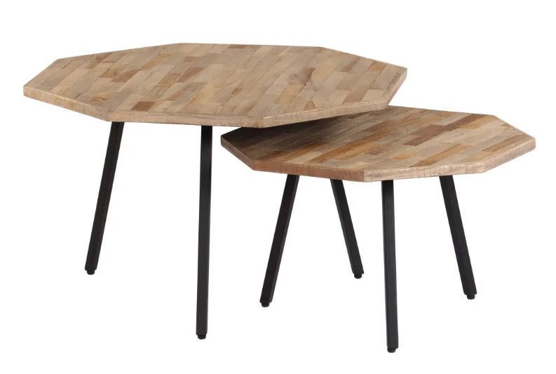 Table basse hexagonale teck massif recyclé et métal noir Voust - Lot de 2 - Photo n°1