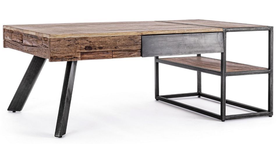 Table basse industrielle 1 tiroir bois de manguier recyclé et acier noir Kramer 118 cm - Photo n°2