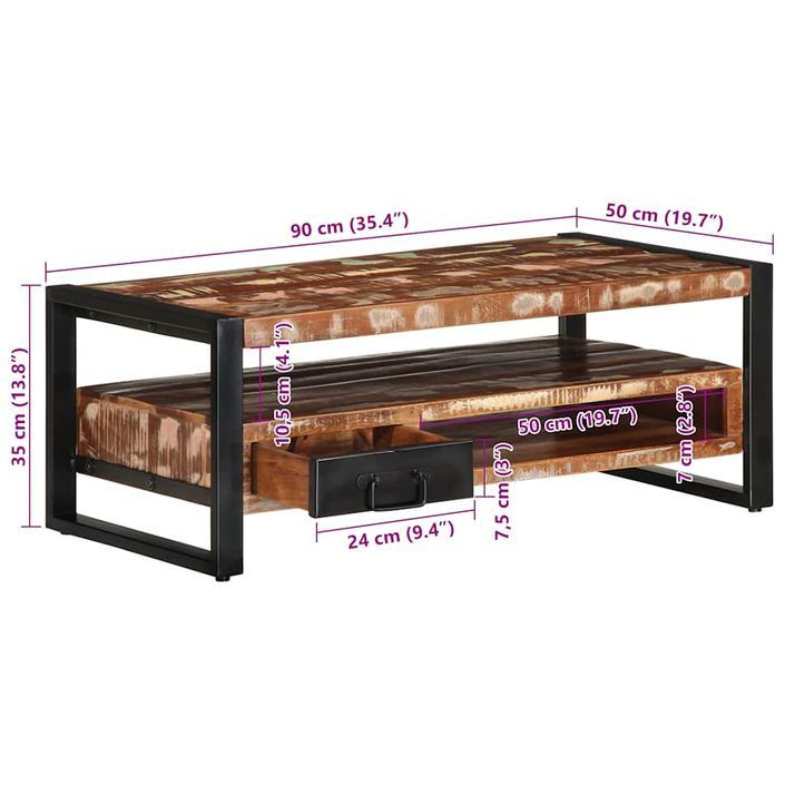 Table basse multicolore 90x50x36 cm bois de récupération massif - Photo n°12