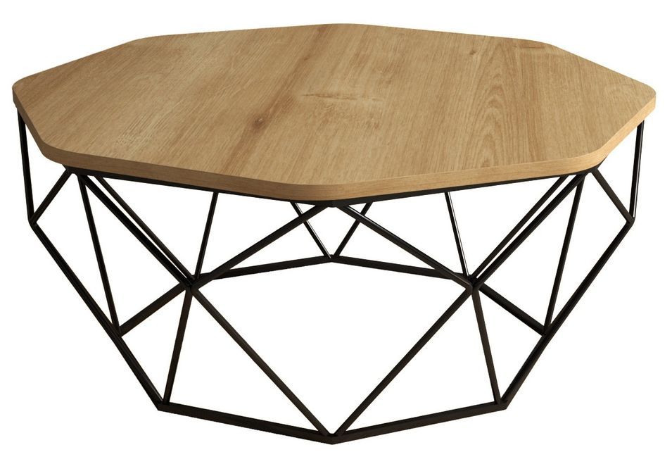 Table basse octogonale bois chêne clair et pieds acier noir Diva 90 cm - Photo n°1