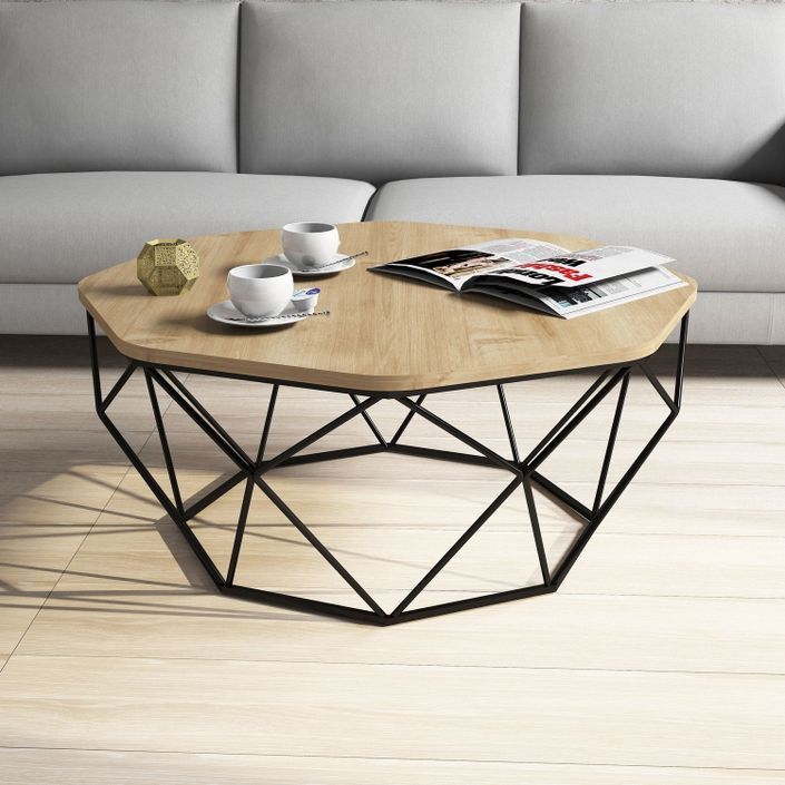 Table basse octogonale bois chêne clair et pieds acier noir Diva 90 cm - Photo n°2