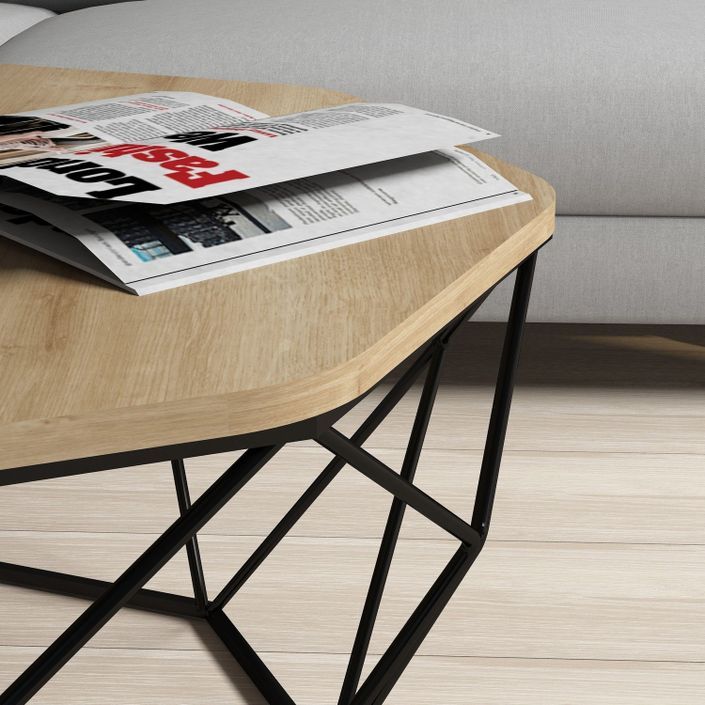 Table basse octogonale bois chêne clair et pieds acier noir Diva 90 cm - Photo n°4