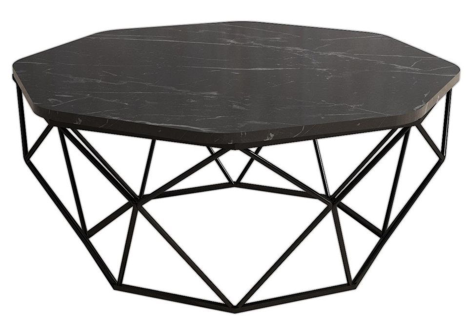 Table basse octogonale bois noir effet marbre et pieds acier noir Diva 90 cm - Photo n°1