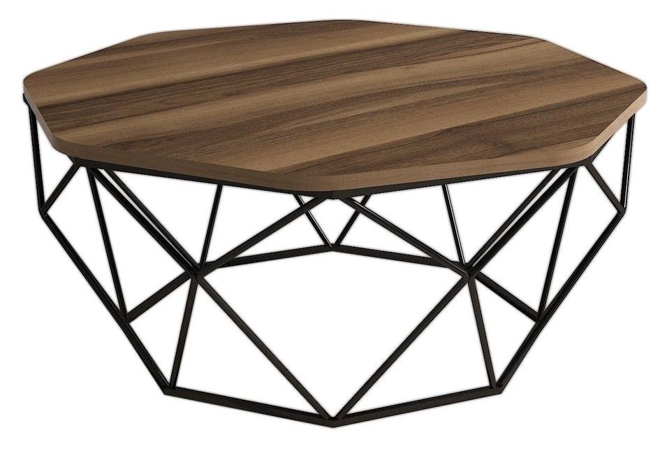 Table basse octogonale bois noyer et pieds acier noir Diva 90 cm - Photo n°1