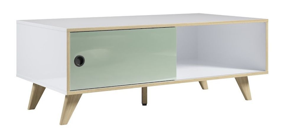 Table basse rectangulaire 1 porte bois blanc, vert et naturel Mélanie 115 cm - Photo n°1