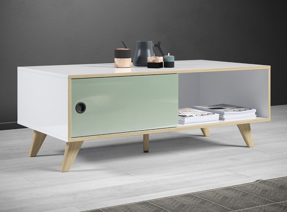 Table basse rectangulaire 1 porte bois blanc, vert et naturel Mélanie 115 cm - Photo n°3