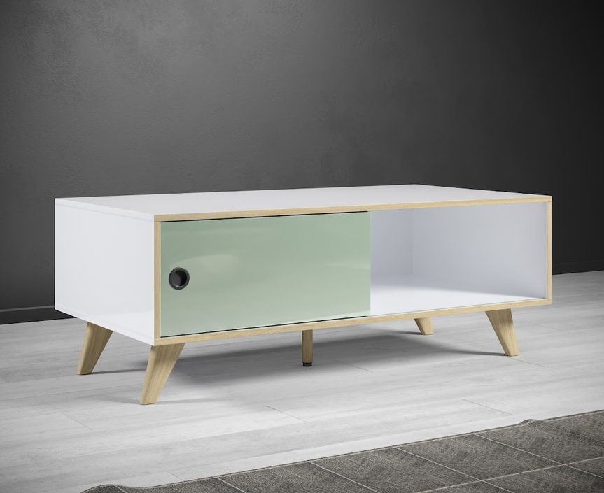 Table basse rectangulaire 1 porte bois blanc, vert et naturel Mélanie 115 cm - Photo n°4