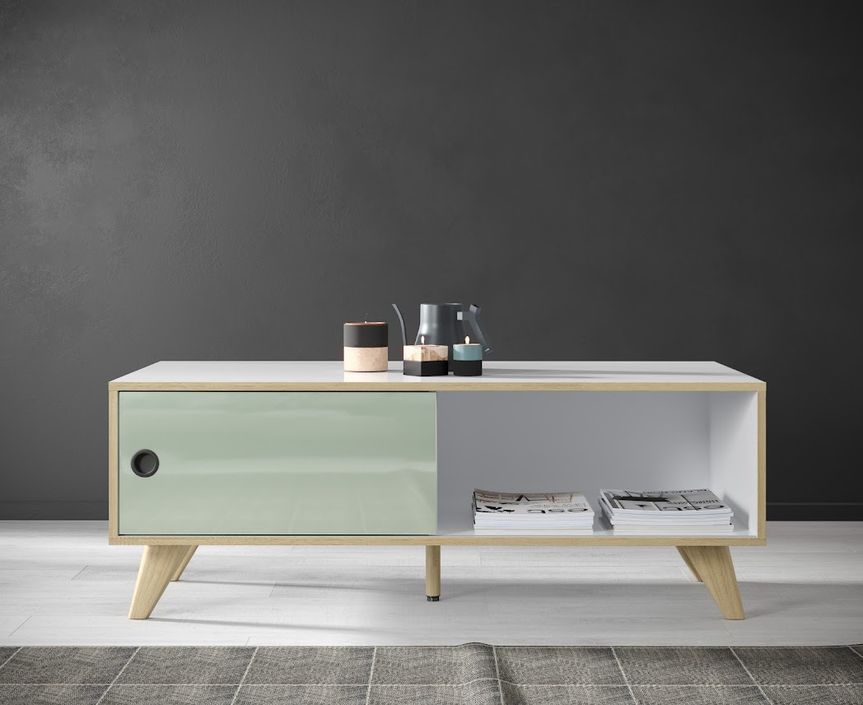 Table basse rectangulaire 1 porte bois blanc, vert et naturel Mélanie 115 cm - Photo n°6