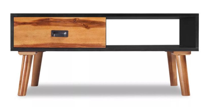 Table basse rectangulaire 1 tiroir acacia massif clair et noir Sokena - Photo n°2