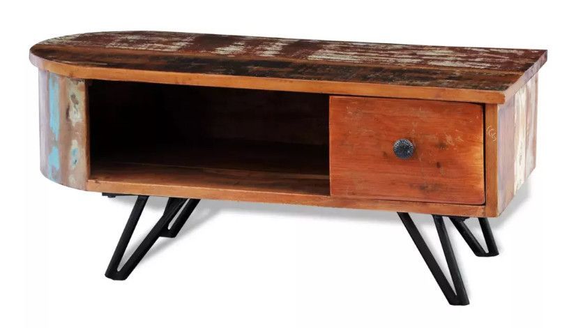 Table basse rectangulaire 1 tiroir bois massif recyclé et métal noir Boust - Photo n°3