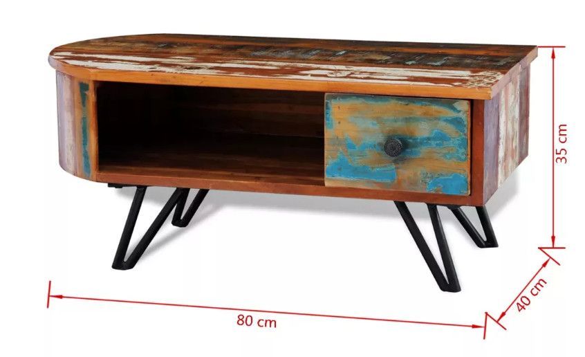 Table basse rectangulaire 1 tiroir bois massif recyclé et métal noir Boust - Photo n°5