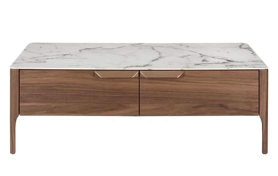 Table basse rectangulaire 2 tiroirs Blazer - Noyer et porcelaine blanche effet marbre - Photo n°4