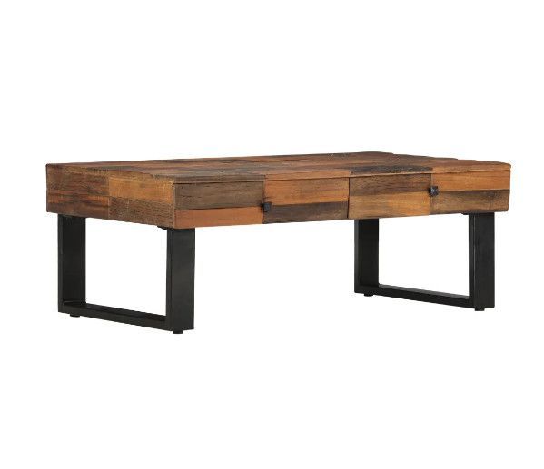 Table basse rectangulaire 2 tiroirs bois massif recyclé foncé et métal noir Souly - Photo n°1