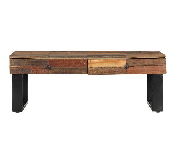 Table basse rectangulaire 2 tiroirs bois massif recyclé foncé et métal noir Souly - Photo n°4