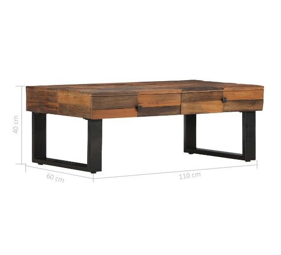 Table basse rectangulaire 2 tiroirs bois massif recyclé foncé et métal noir Souly - Photo n°5