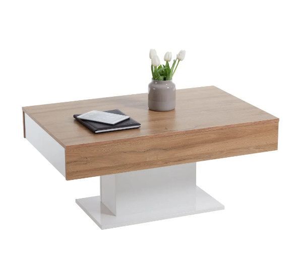Table basse rectangulaire 2 tiroirs chêne clair et blanc brillant Kathie - Photo n°1