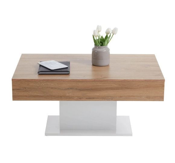 Table basse rectangulaire 2 tiroirs chêne clair et blanc brillant Kathie - Photo n°2