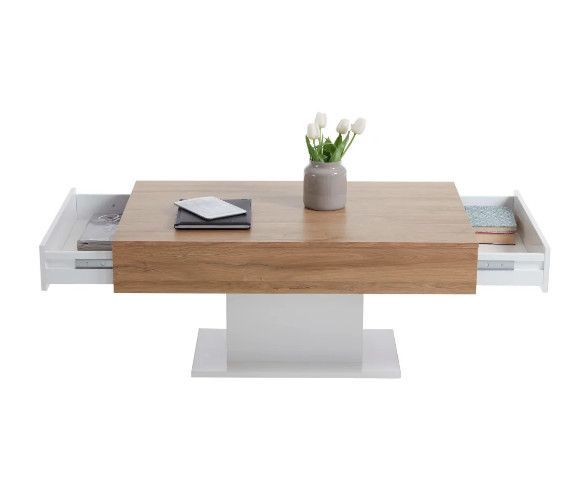 Table basse rectangulaire 2 tiroirs chêne clair et blanc brillant Kathie - Photo n°3