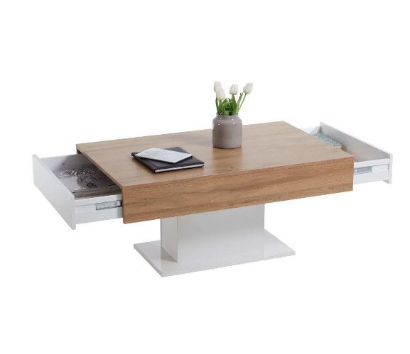 Table basse rectangulaire 2 tiroirs chêne clair et blanc brillant Kathie - Photo n°4