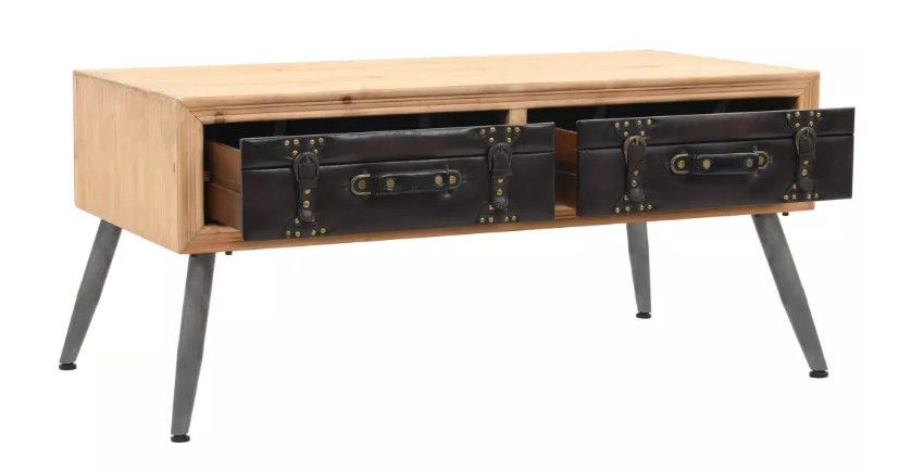 Table basse rectangulaire 2 tiroirs pin massif clair et simili cuir Stylie - Photo n°3