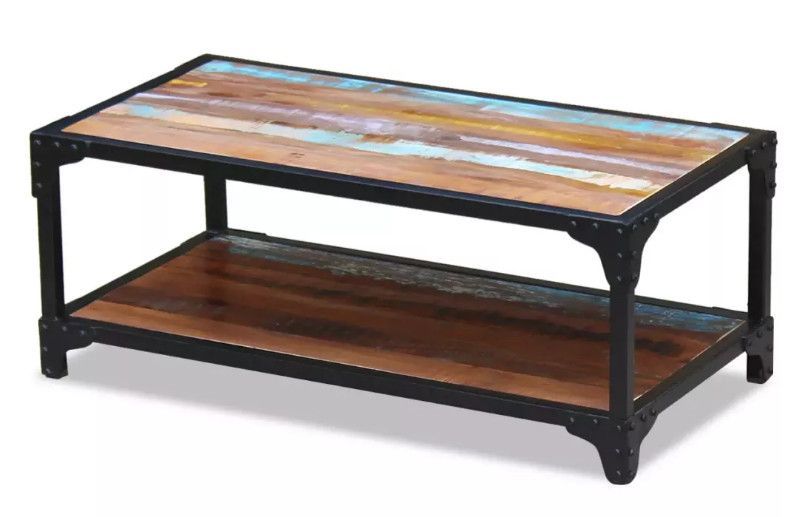 Table basse rectangulaire bois massif recyclé foncé et métal noir Boust - Photo n°3