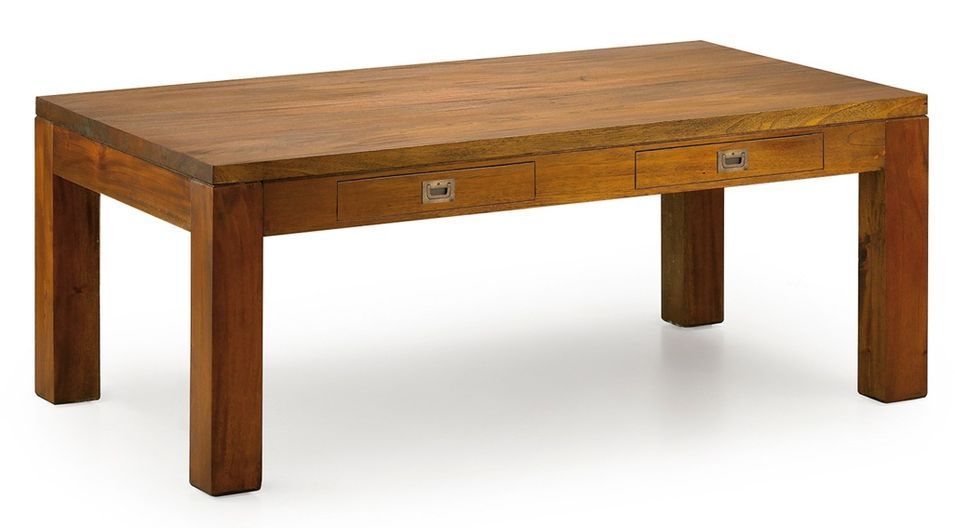 Table basse rectangulaire coloniale en bois d'acajou massif 2 tiroirs Falkane 110 cm - Photo n°1