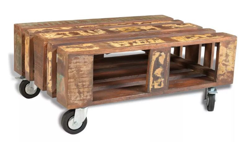 Table basse rectangulaire sur roulettes bois massif recyclé Moust - Photo n°1