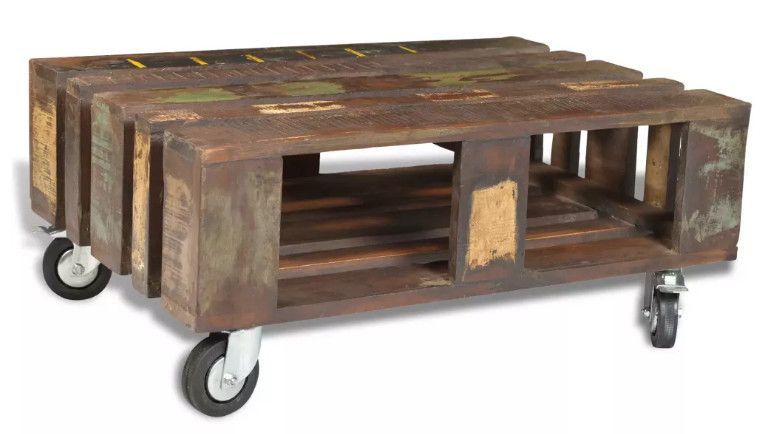 Table basse rectangulaire sur roulettes bois massif recyclé Moust - Photo n°2