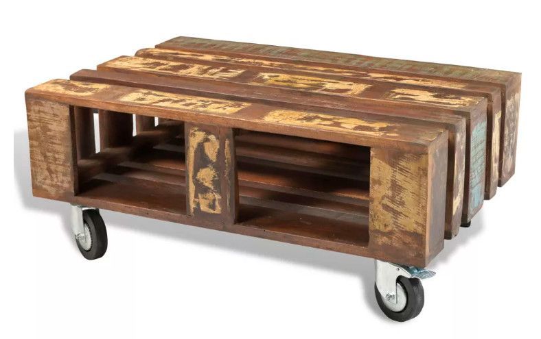 Table basse rectangulaire sur roulettes bois massif recyclé Moust - Photo n°4