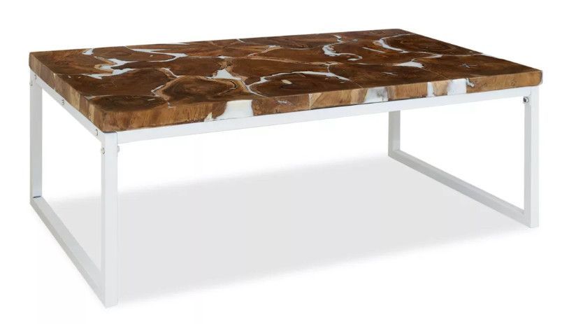 Table basse rectangulaire teck massif clair et pieds métal blanc Mita - Photo n°3