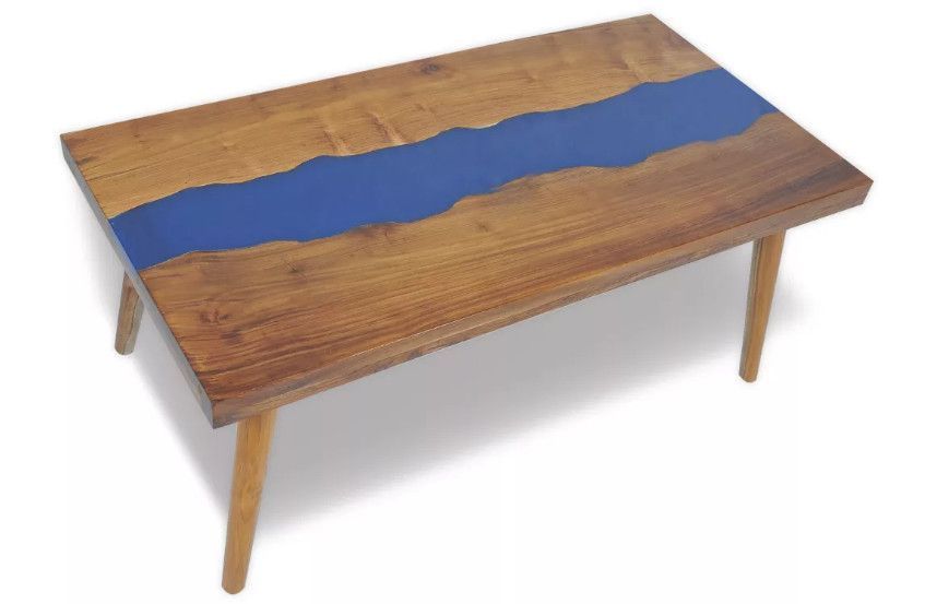 Table basse rectangulaire teck massif foncé et résine bleu Tamie - Photo n°1