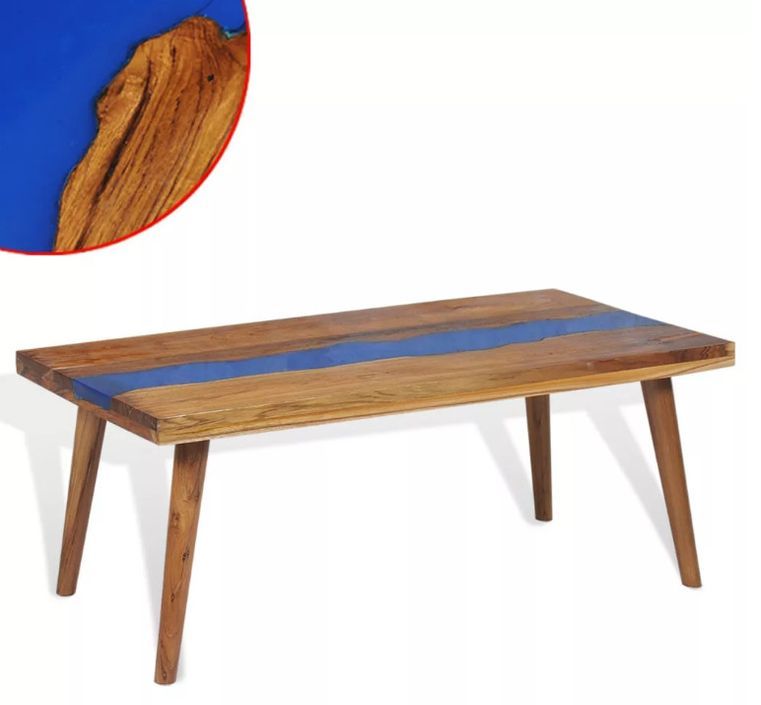 Table basse rectangulaire teck massif foncé et résine bleu Tamie - Photo n°2