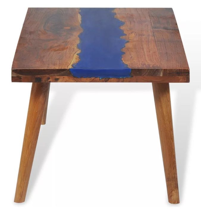 Table basse rectangulaire teck massif foncé et résine bleu Tamie - Photo n°5