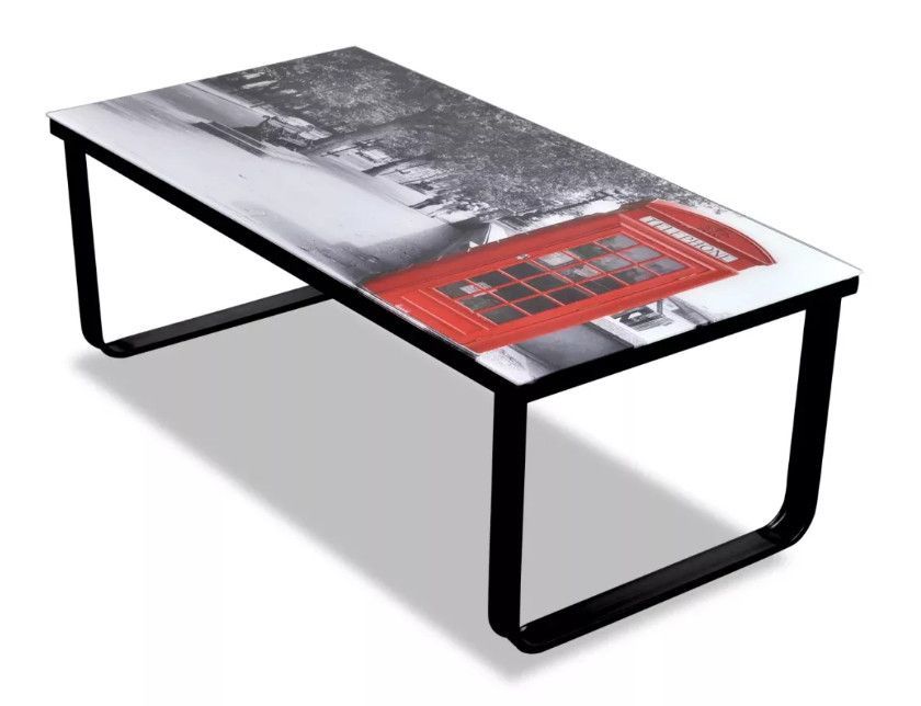 Table basse rectangulaire verre imprimé cabine téléphonique et métal noir Rainbow - Photo n°1