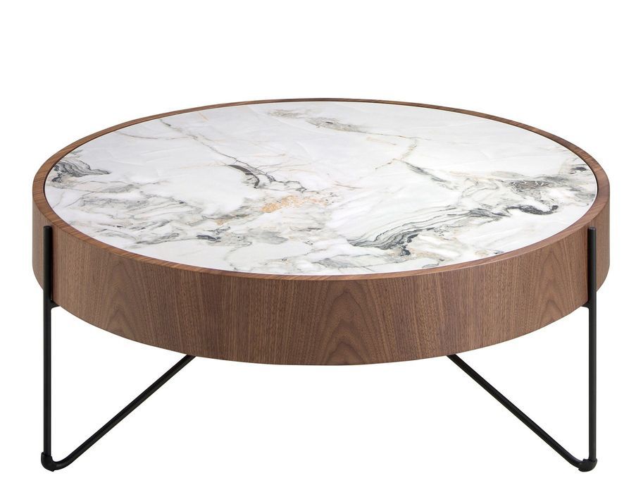 Table basse ronde Blazer 81 cm - Noyer et porcelaine blanche effet Marbre - Photo n°1