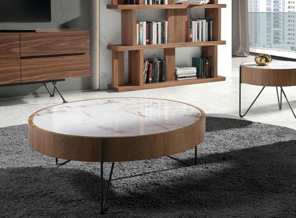 Table basse ronde Blazer 81 cm - Noyer et porcelaine blanche effet Marbre - Photo n°3