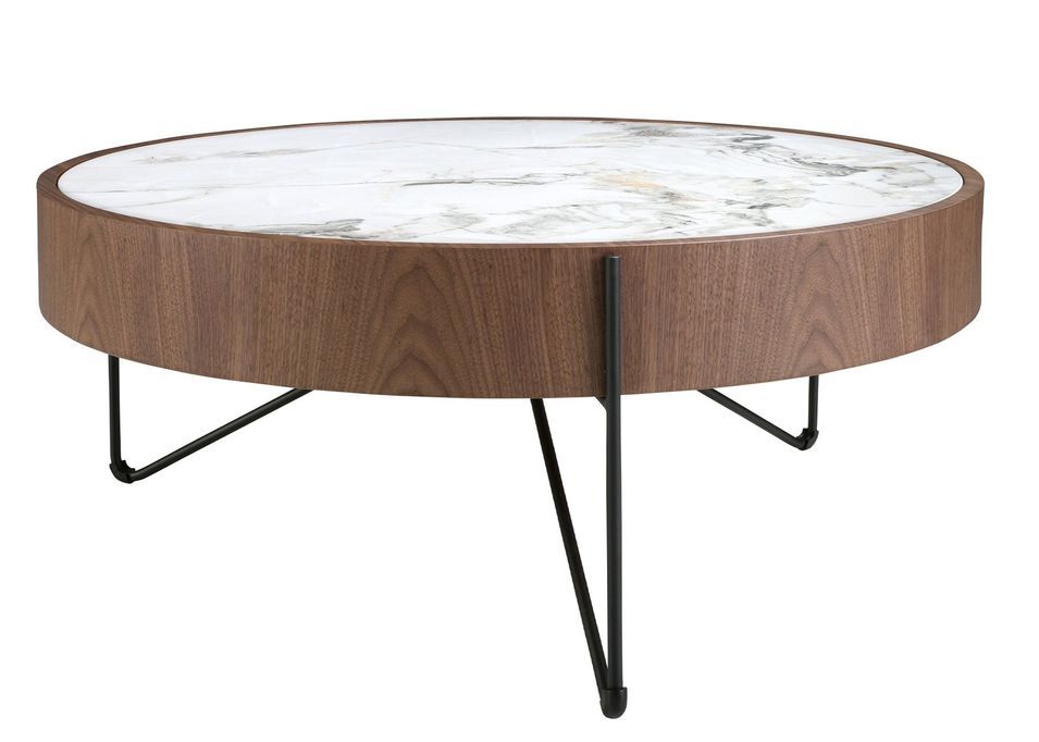 Table basse ronde Blazer 81 cm - Noyer et porcelaine blanche effet Marbre - Photo n°4