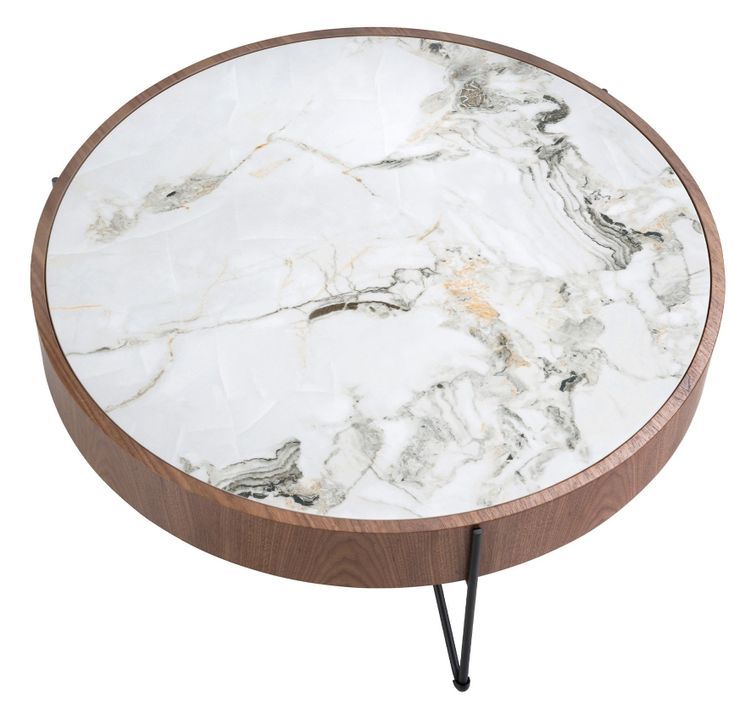 Table basse ronde Blazer 81 cm - Noyer et porcelaine blanche effet Marbre - Photo n°5