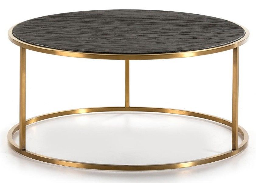 Table basse ronde bois foncé et pieds métal doré D 76 cm - Photo n°1