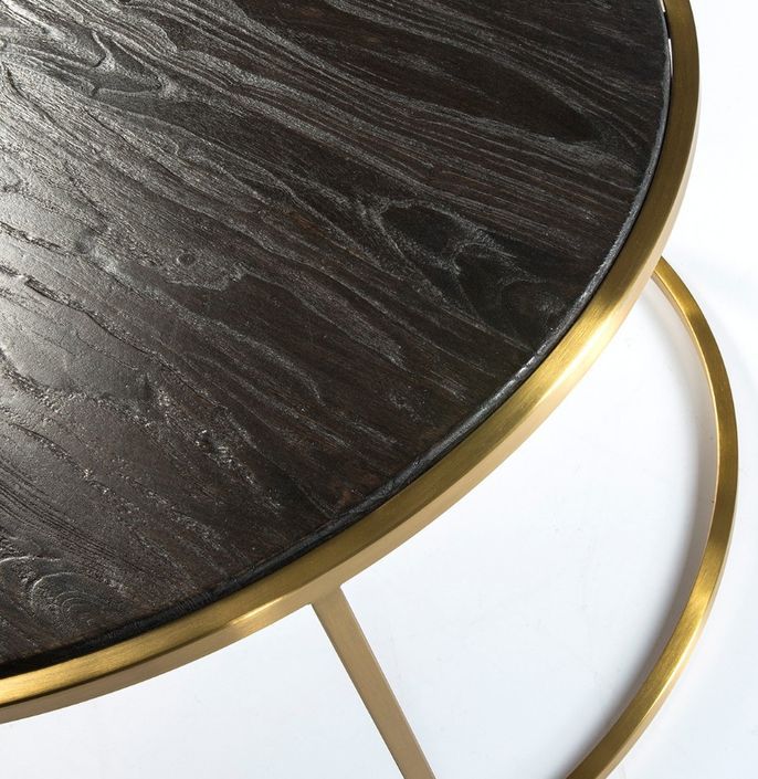 Table basse ronde bois foncé et pieds métal doré D 76 cm - Photo n°2