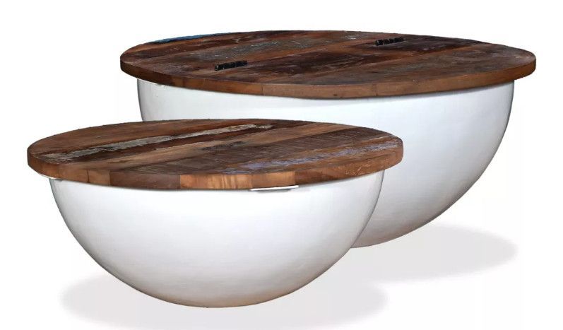 Table basse ronde bois foncé recyclé et métal blanc Leh - Lot de 2 - Photo n°1