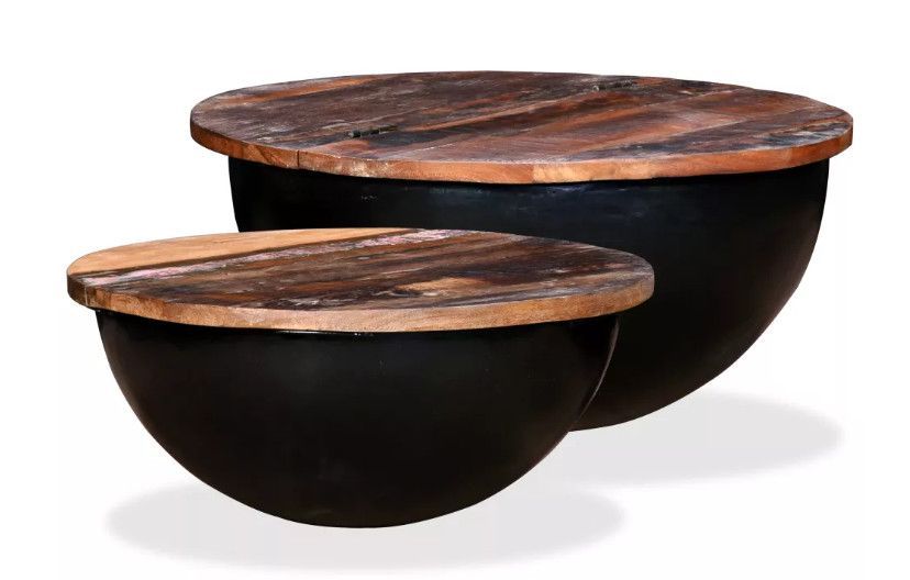 Table basse ronde bois foncé recyclé et métal noir Leh - Lot de 2 - Photo n°1
