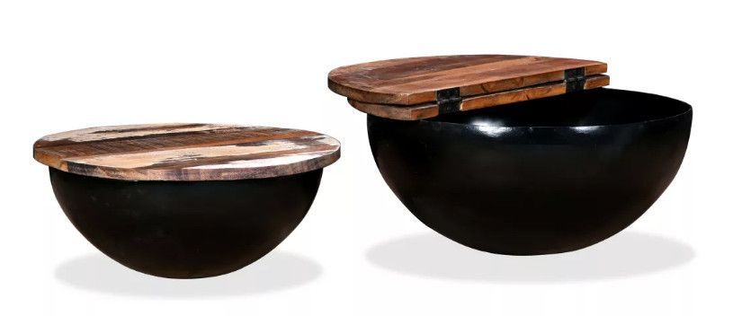 Table basse ronde bois foncé recyclé et métal noir Leh - Lot de 2 - Photo n°3