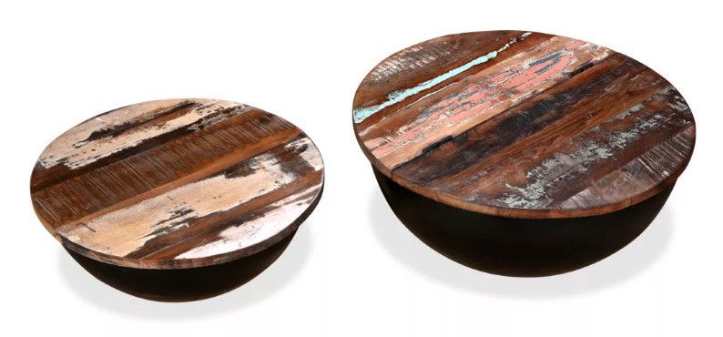 Table basse ronde bois foncé recyclé et métal noir Leh - Lot de 2 - Photo n°4