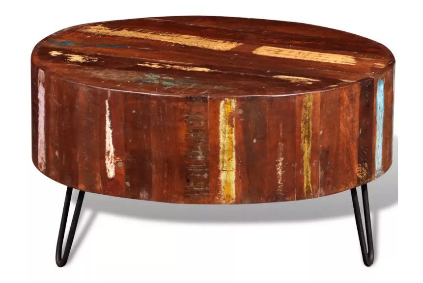 Table basse ronde bois massif foncé recyclé et métal noir Inah - Photo n°2